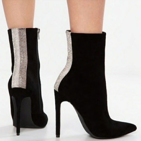 Steve Madden Wagu Black Suede Mid Calf Stiletto Booties w/ Rhinestone Back 7.5 - Picture 3 of 17